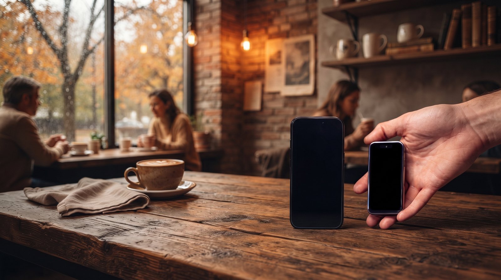 AEROS Juno i handen på ett kafé, bredvid en vanlig stor telefon