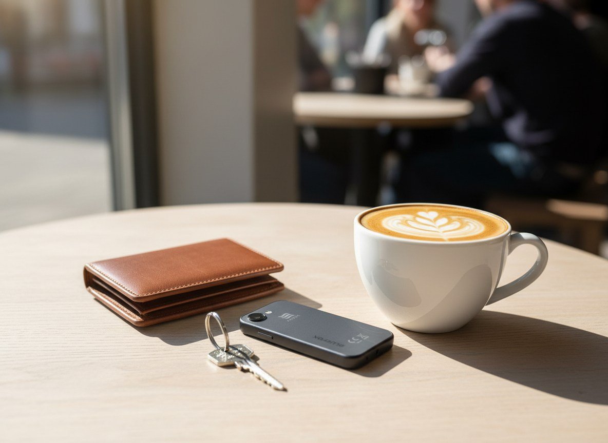 AEROS Juno på ett kafébord bredvid plånbok, nycklar och en kopp kaffe